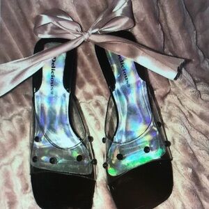 Delicious Black Heels with Iridescent Footbed and Pink Satin Bow